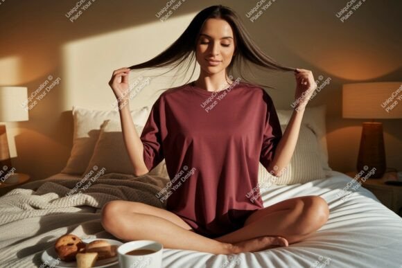 Download Woman Maroon T Shirt Mockup Bedroom Morn - Premium Resources